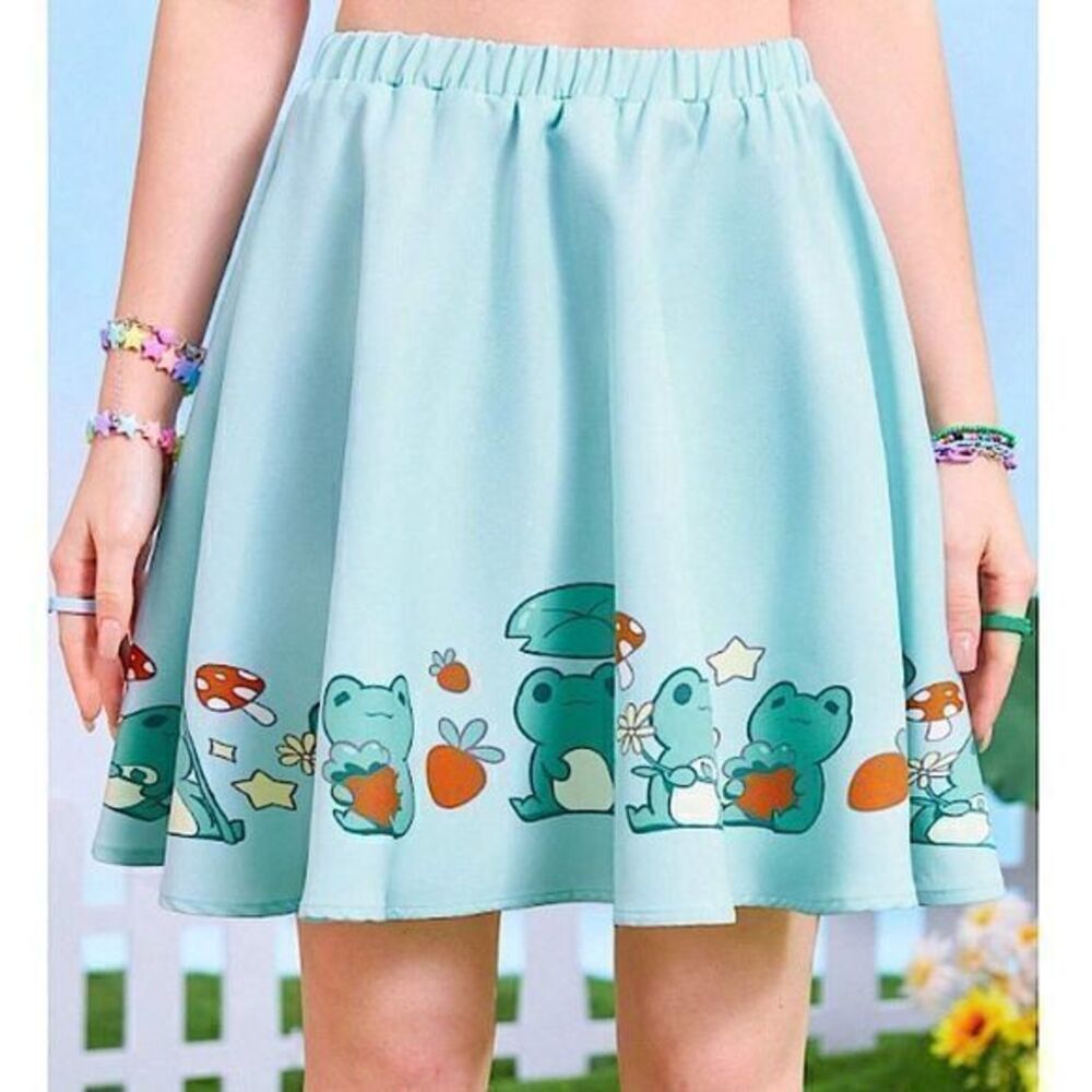 Aesthetic Frog & Mushroom Print Pleated Mini Skirt Kawaii Cottagecore